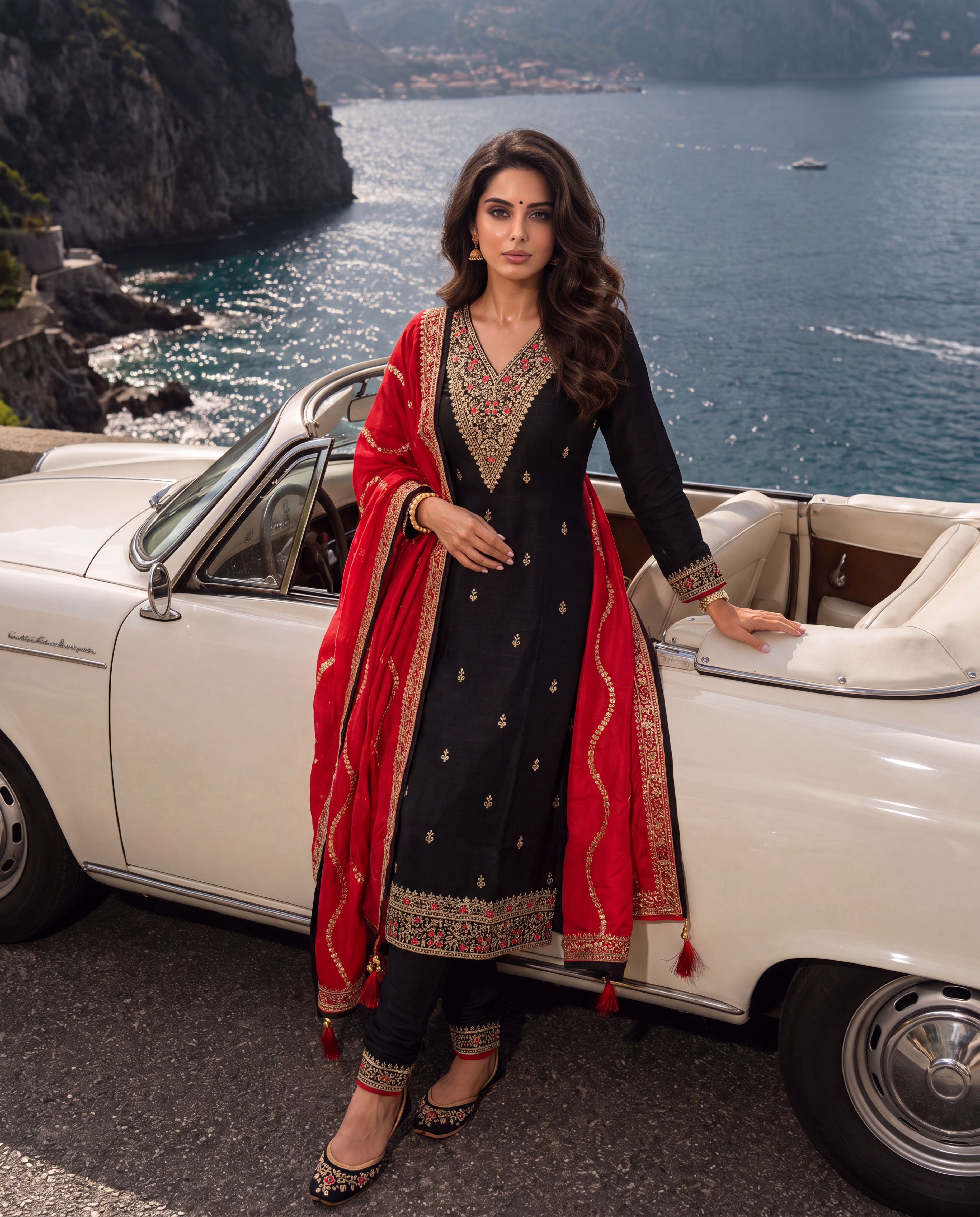 Classic Black & Red Zari Embroidered Churidhar Set
